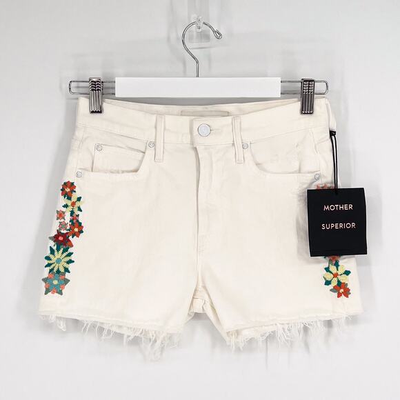 MOTHER The Dutchie Fray Embroidered Denim Shorts Women’s 24 Almost Innocent NWT - Picture 2 of 7